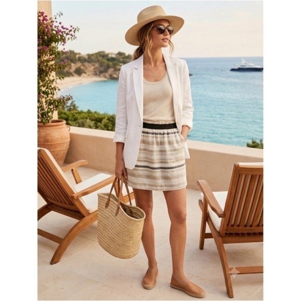 Loft Striped 100% Linen Elastic Waist Mini Skirt M Neutral Coastal Clean Gitl